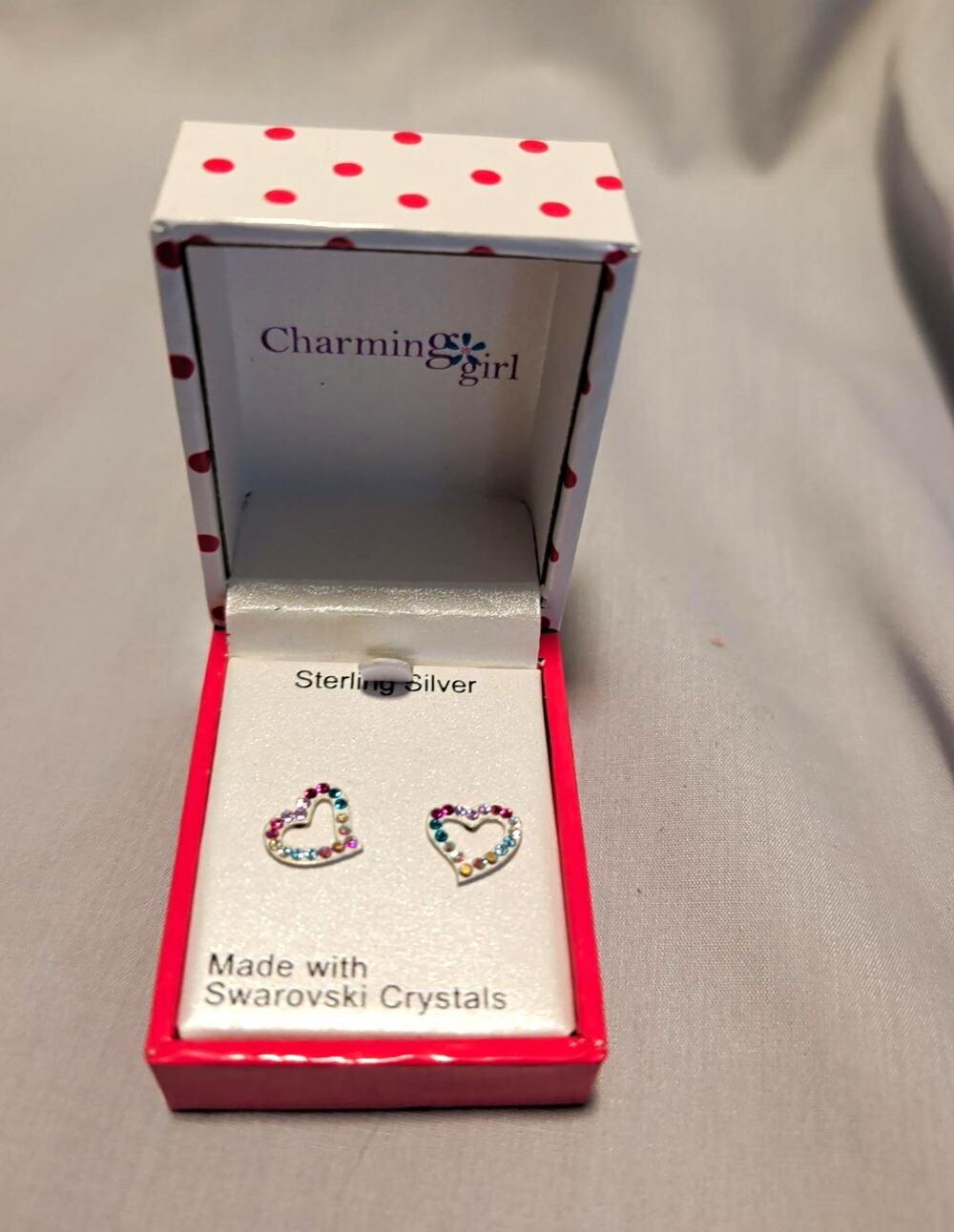 Charming Girl Sterling Silver Heart Earrings Made with Swarovski Crystal NIB